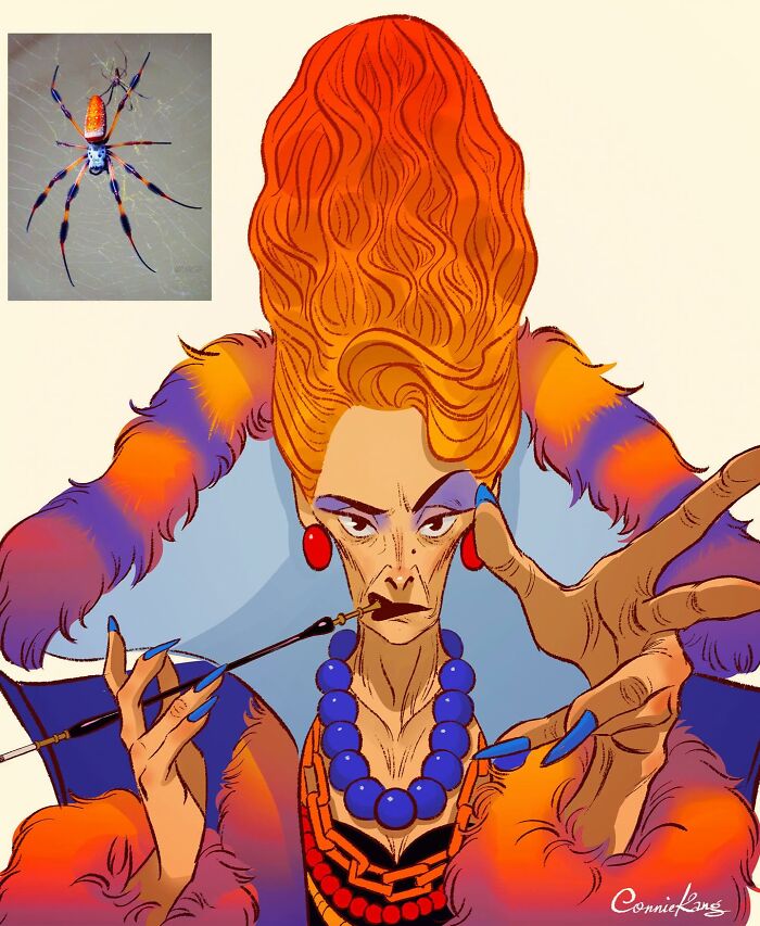 Animal-inspired illustration by Connie Kang featuring a stylish character with vibrant orange hair and dramatic pose.