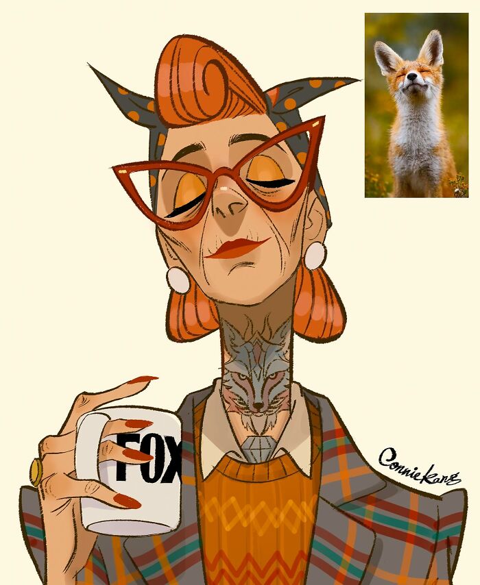 Animal-inspired illustration by Connie Kang featuring a stylish woman with fox elements, holding a "FOX" mug.