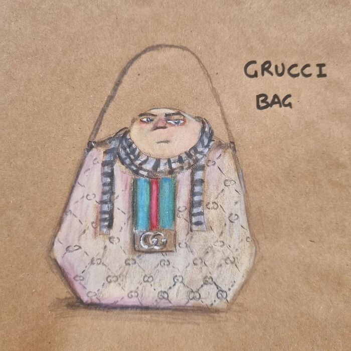 Cartoon drawing of a "Grucci Bag" on a paper lunch bag, blending humor with creative illustration.