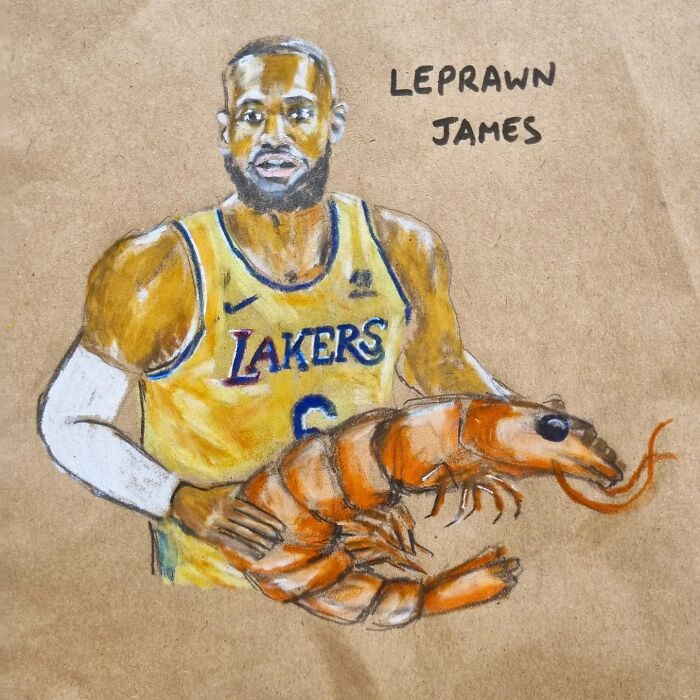 Cartoon of a basketball player holding a prawn, titled "Leprawn James," showcases a pun on a lunch bag.