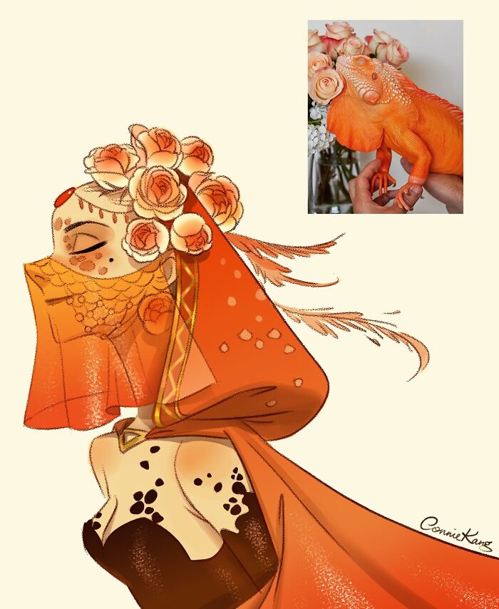 Animal-inspired illustration by Connie Kang featuring a woman with floral headdress and orange veil next to an image of an orange iguana.