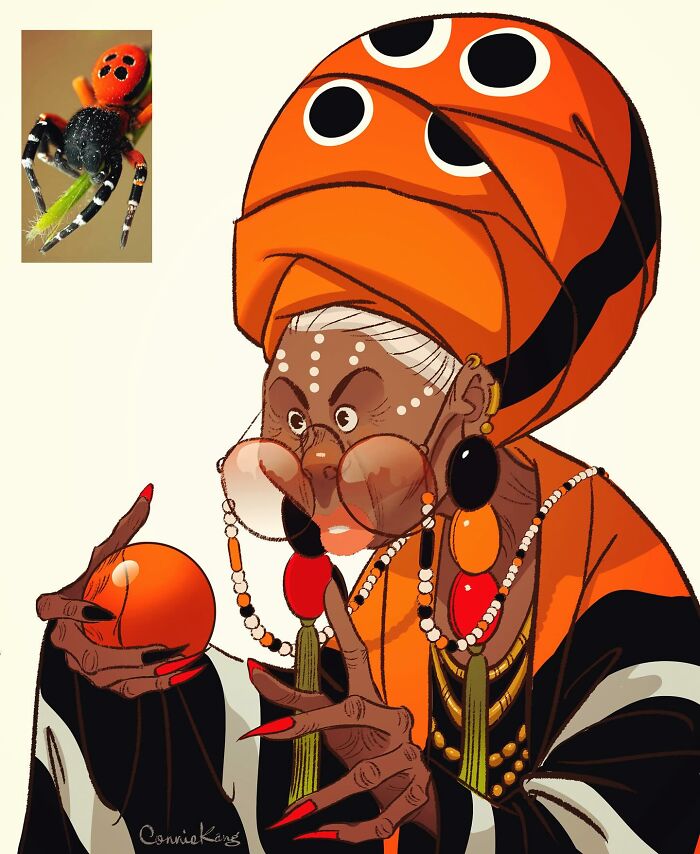 An illustration by Connie Kang of a person styled in vibrant orange and black, inspired by a ladybird spider.