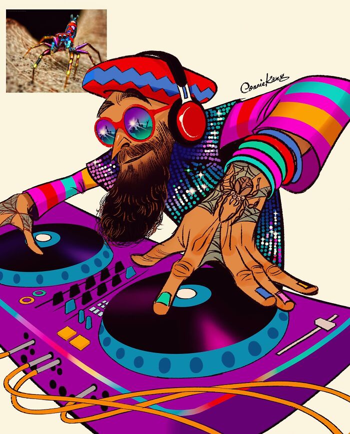 Animal-inspired illustration of a colorfully dressed DJ with spider-themed tattoos and gear, blending humor and style.