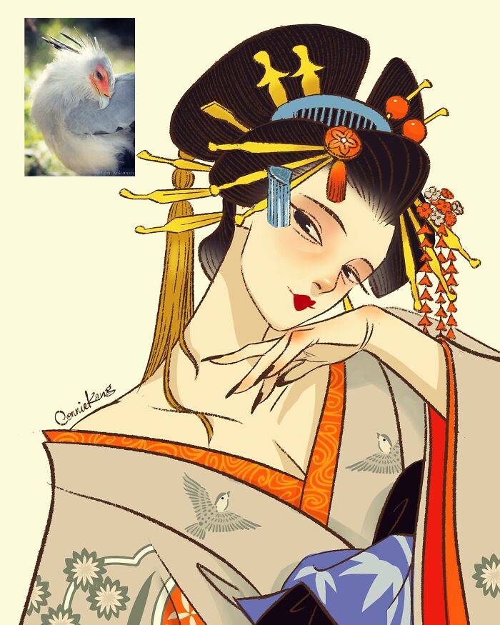 Illustration by Connie Kang featuring a stylish figure in a kimono with animal-inspired elements and a bird motif.