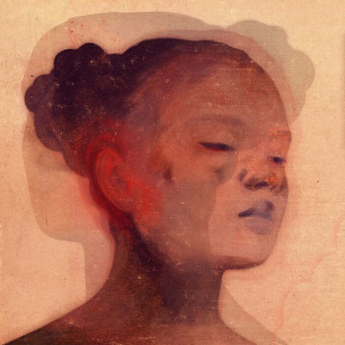 A layered portrait illustration by Owen Gent, combining beauty and melancholy in soft hues and textures.