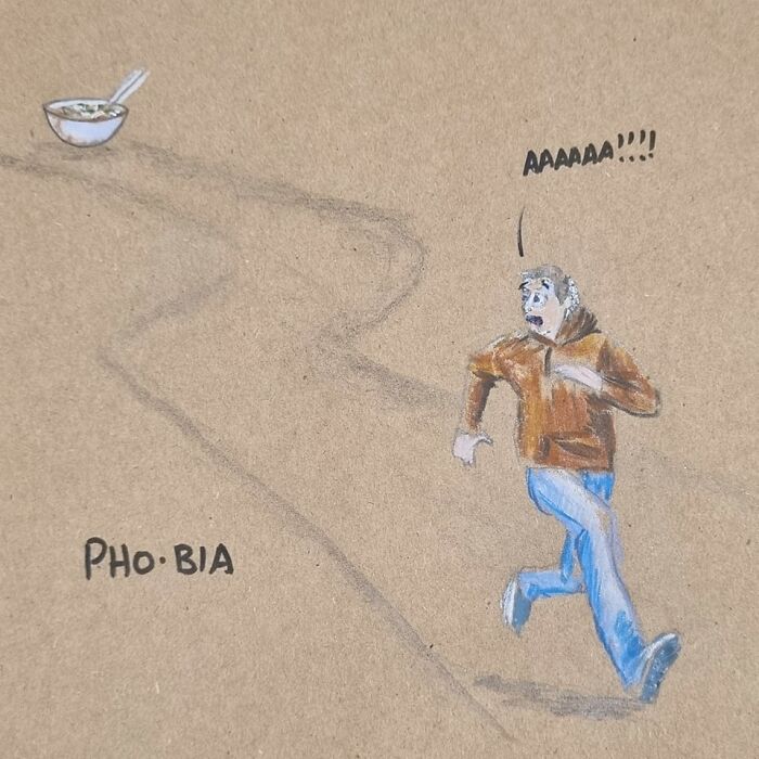 Cartoon of a man running from cereal titled "Phobia," a pun-filled drawing on a kid’s lunch bag.