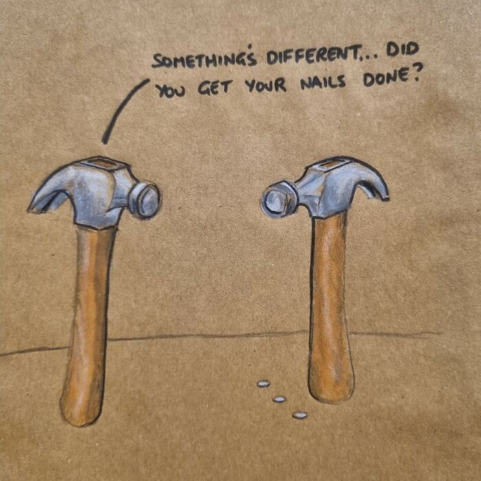 Cartoon of two hammers with a pun about nails, illustrated on a lunch bag for humorous effect.