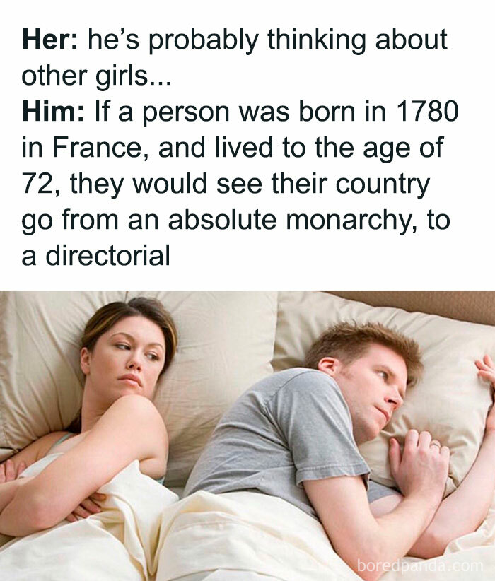 Couple in bed meme humorously illustrating complex historical events, focusing on the history of France's governance changes.