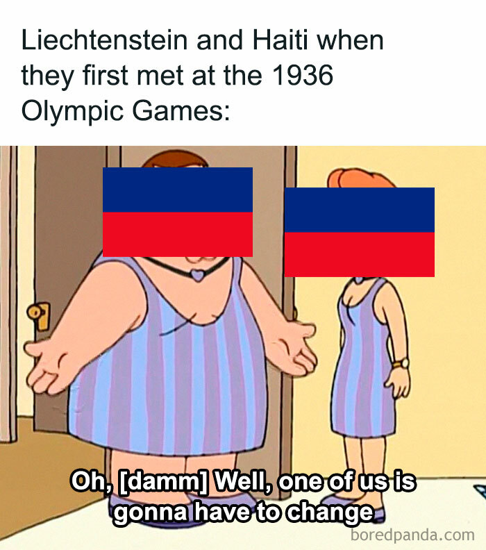 Meme of Liechtenstein and Haiti's flags on cartoon characters in matching outfits, humorously highlighting a historical moment.