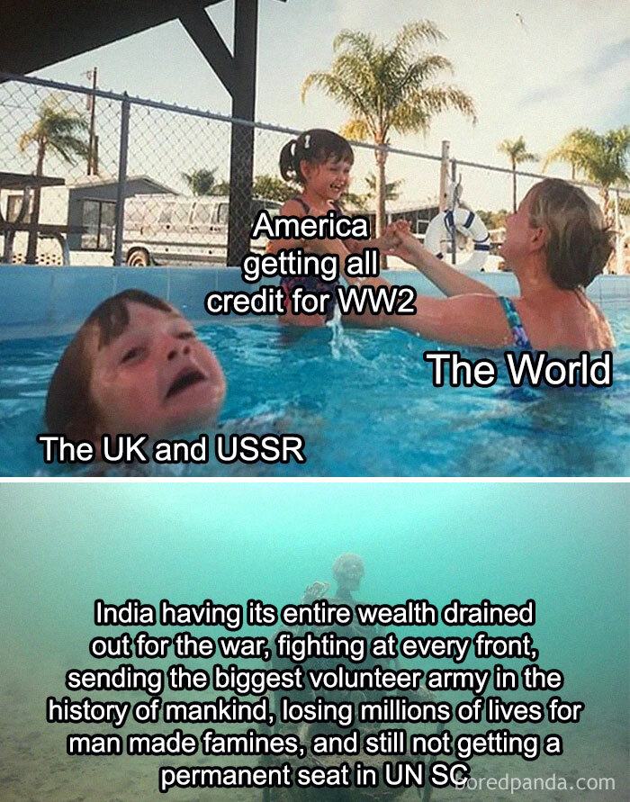 Historical meme humorously depicting America's credit for WW2 over the UK, USSR, and India's contributions.