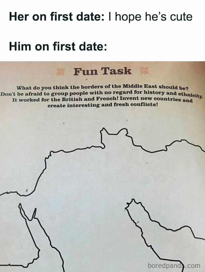 Funny meme illustrating historical borders of the Middle East with humorous text about first date expectations.