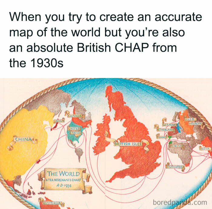 1930s British map meme humorously depicting world geography inaccuracies.