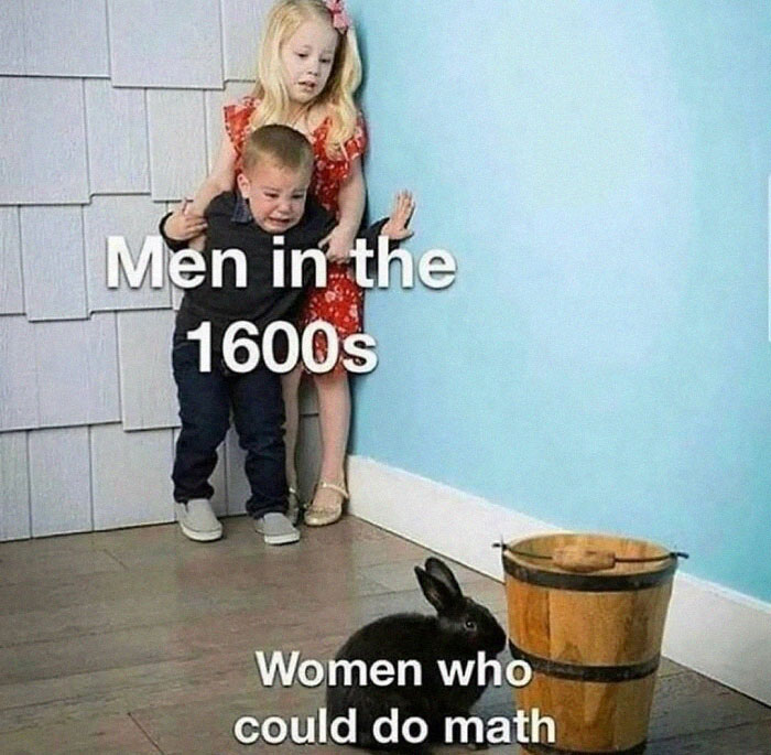 Children frightened by a rabbit labeled "women who could do math," depicting history in a funny meme.