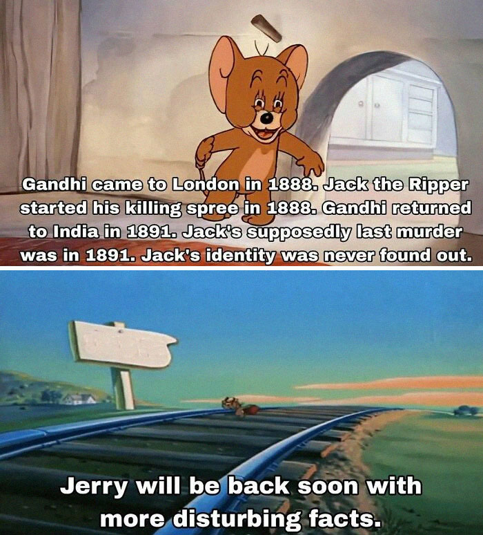 Cartoon mouse humorously presents historical facts about Gandhi and Jack the Ripper, offering a funny take on history.