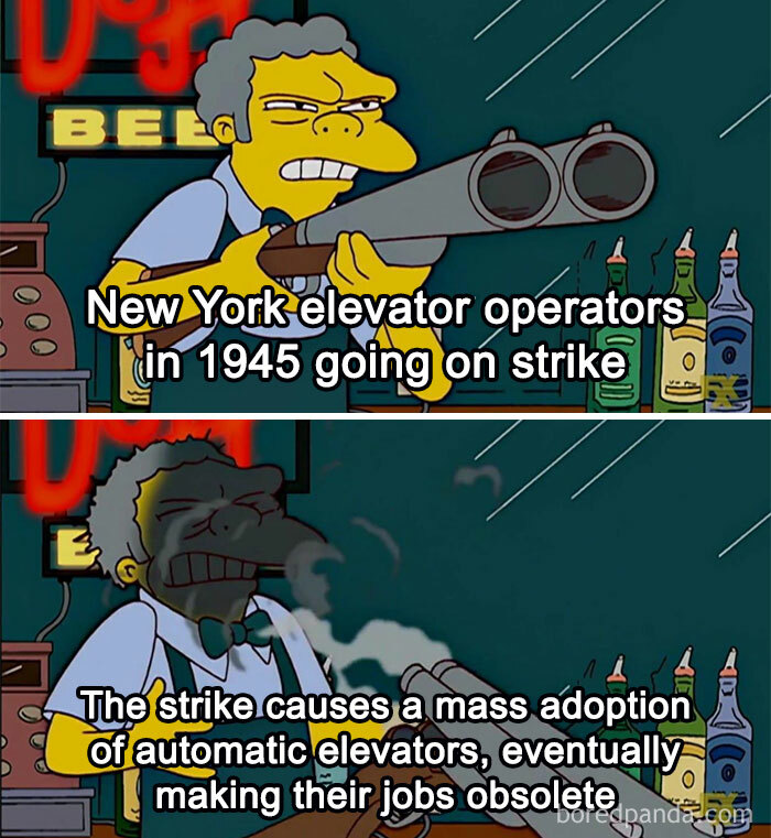 Cartoon character with a shotgun depicting New York elevator operators' 1945 strike, leading to automation.