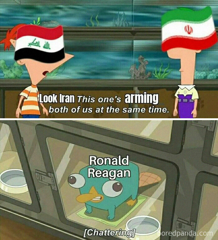 Cartoon characters with Iraq and Iran flags, referencing Ronald Reagan, illustrating a humorous historical meme.