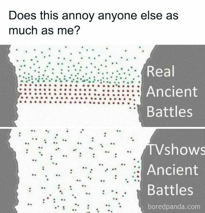 Meme comparing real ancient battles with TV shows, highlighting differences in soldier formation.