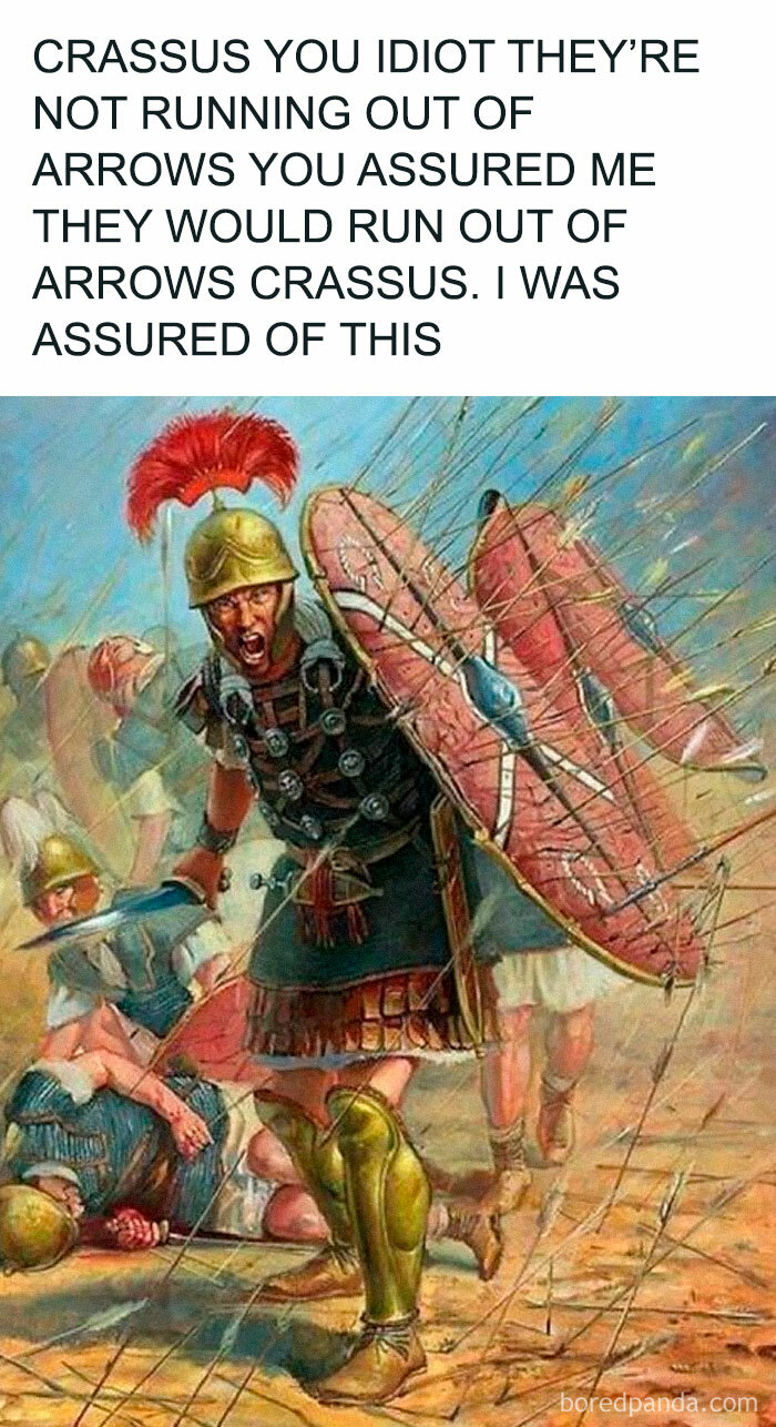 Roman soldier meme humorously explaining historical battle tactics with arrows.