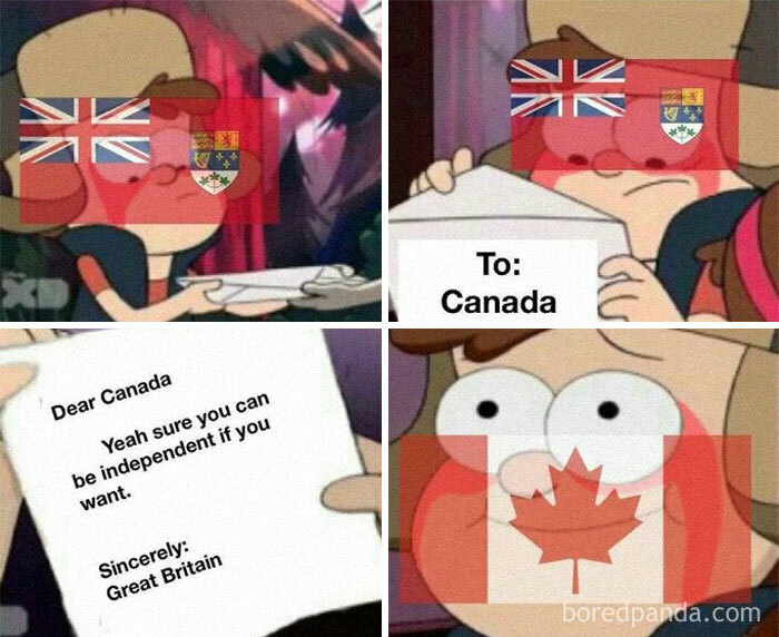 Cartoon character with British flags delivers a letter of independence to Canada, expressing surprise. History meme.