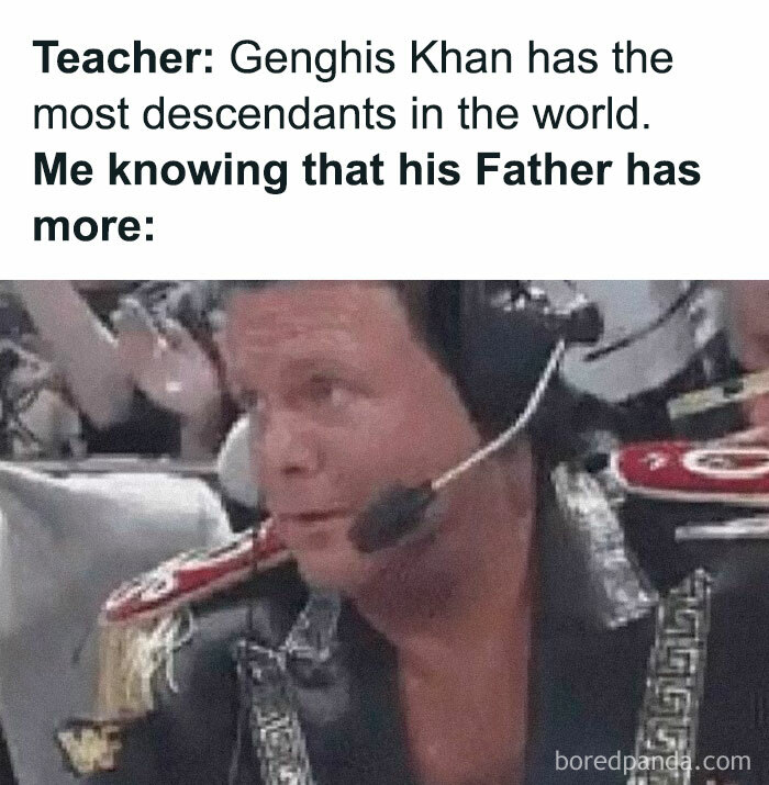 A funny meme about Genghis Khan's descendants, featuring a surprised broadcaster.