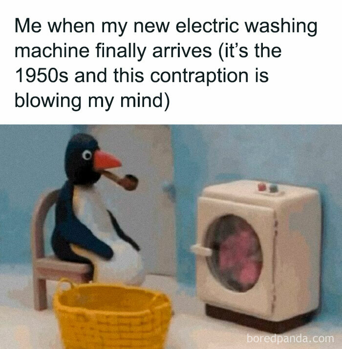 Penguin cartoon figure humorously reacts to a washing machine, illustrating history memes better than textbooks.