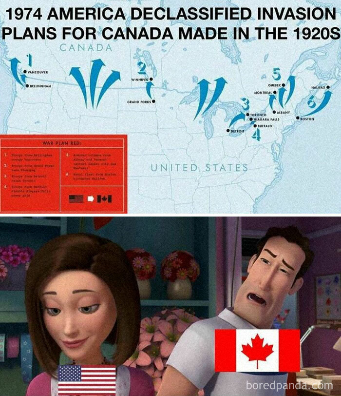 Funny meme showing historical U.S. invasion plans for Canada with animated characters and flags.