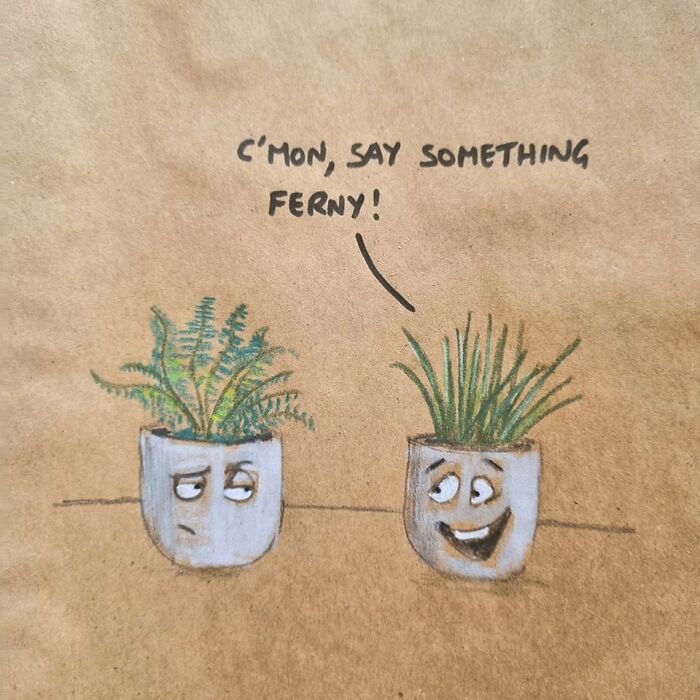 Cartoon of two potted plants, one is silent, while the other encourages it to speak. Humorous lunch bag doodle.