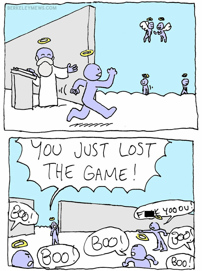 Comic with a twisted sense of humor featuring an angel losing a game and being booed in heaven.