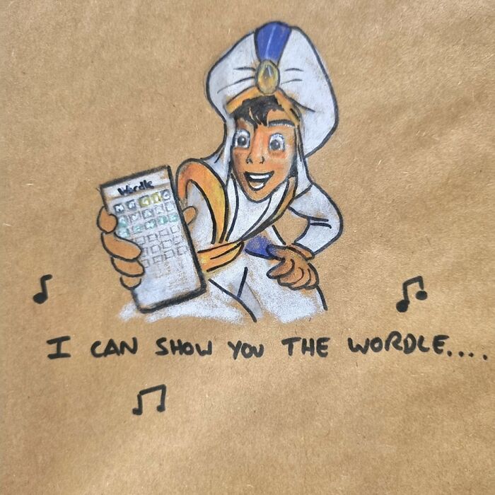 Cartoon drawing on a lunch bag with a pun about Wordle, featuring a character in a turban holding a smartphone.