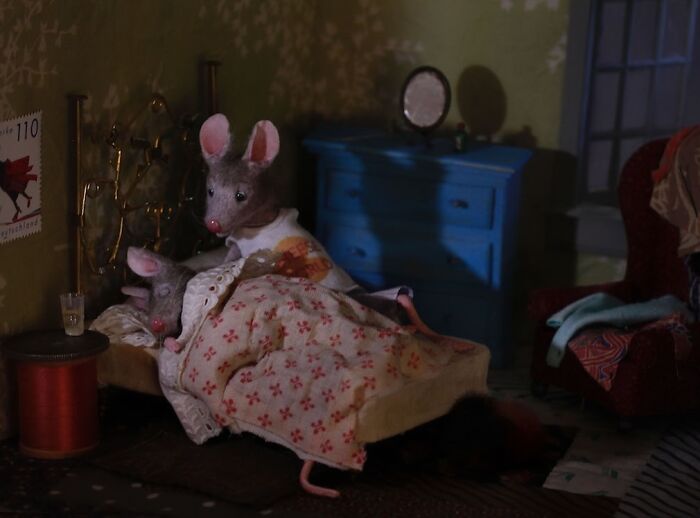 Miniature world with mice in bed, detailed setting by Maggie Rudy's Mouseland.