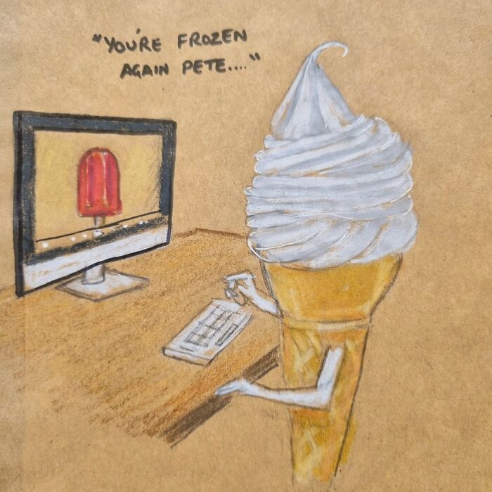 Ice cream cone cartoon on lunch bag, typing on a computer, with melting popsicle on screen.