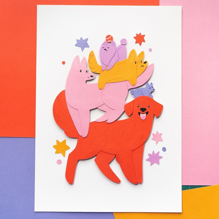 Layered paper illustration of cute, colorful animals with stars and circles on a multicolored background.