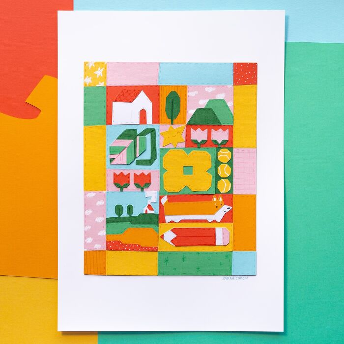 Layered paper illustration featuring a colorful and cute design of a house, trees, flowers, and a fox on a geometric background.