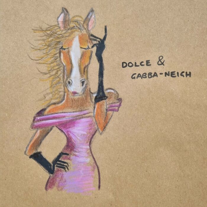 Cartoon horse in a dress labeled "Dolce & Gabba-Neigh" from lunch bag drawing series with puns.