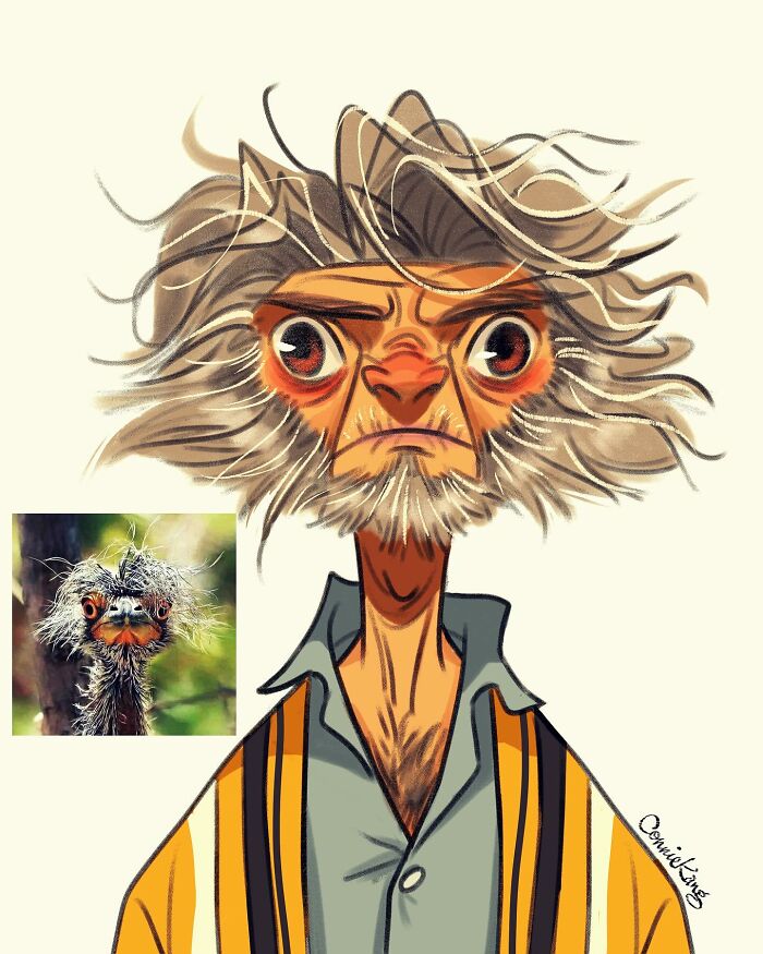 Animal-inspired illustration by Connie Kang with a humorous and stylish character resembling an emu.