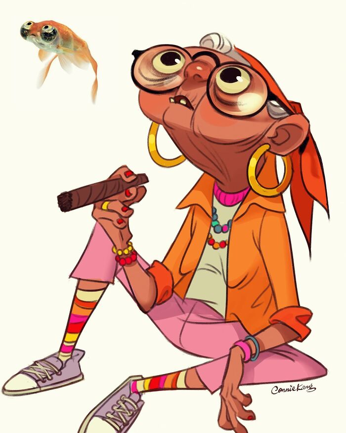 Animal-inspired illustration by Connie Kang featuring a humorous character in vibrant clothing with oversized glasses and a cigar.