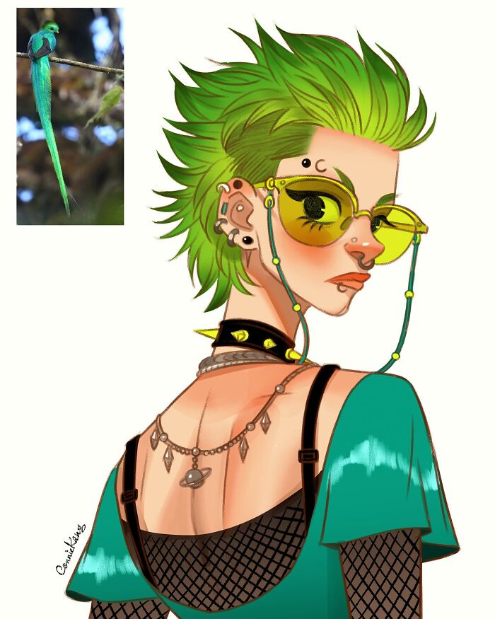 Illustration of a character with green spiky hair and sunglasses inspired by a colorful bird, blending animal-inspired humor and style.