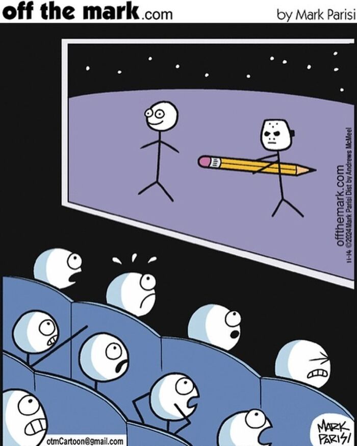 Cartoon showing theater audience reacting to a horror movie scene with stick figures and a giant pencil.