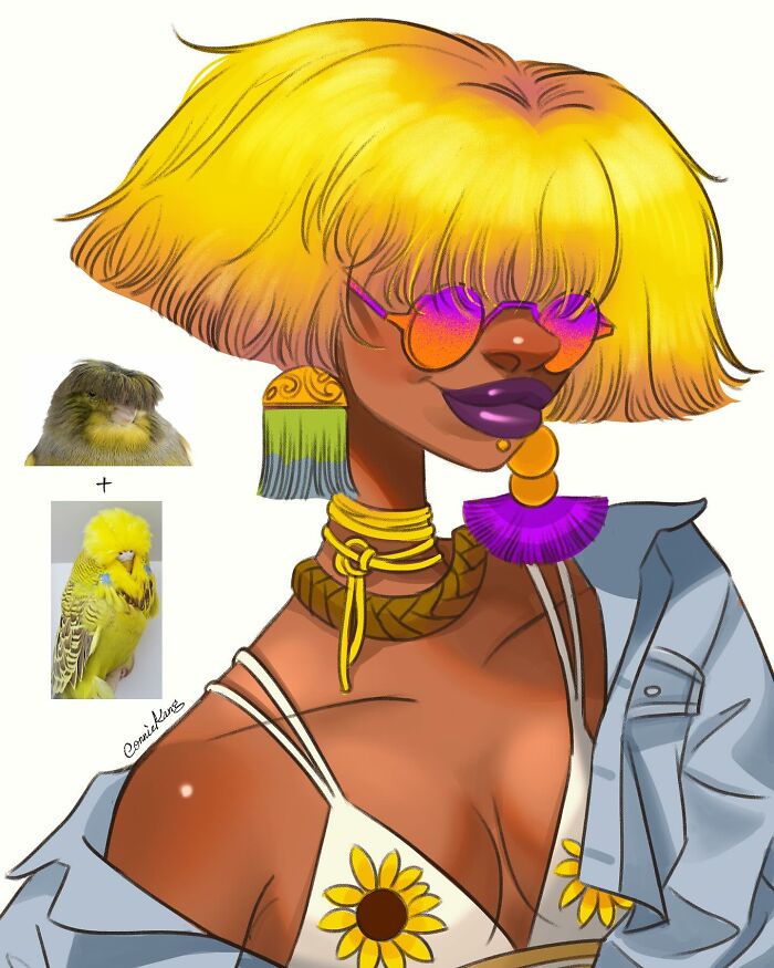 Animal-inspired illustration by Connie Kang, featuring a stylish woman with bright yellow hair and colorful accessories.