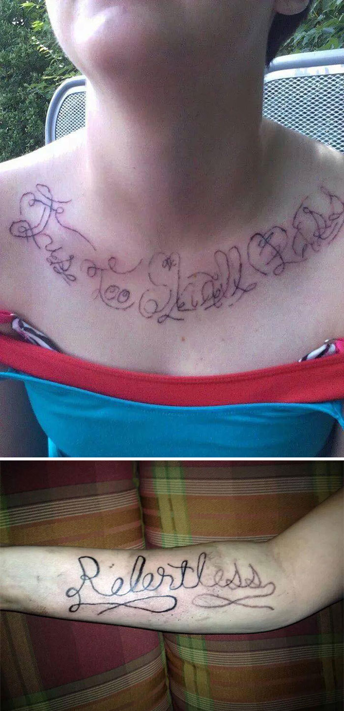 Epic tattoo fail with misspelled and poorly designed script tattoos on neck and forearm.