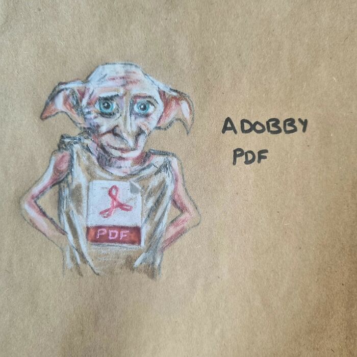 Cartoon of a character on a lunch bag with the pun "A Dobby PDF," combining humor and creativity.