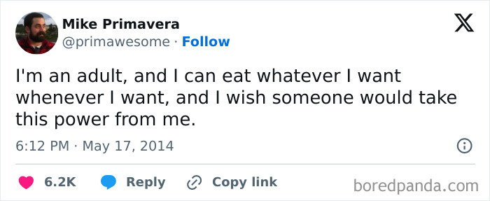 Tweet about being an adult, expressing humorous wish to relinquish the freedom to eat anything anytime.