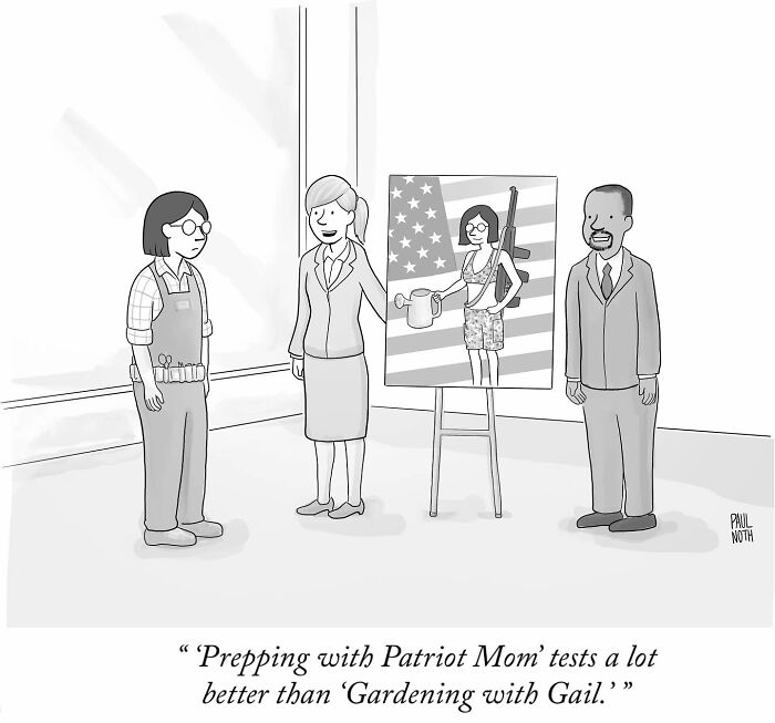 New Yorker cartoon by Paul Noth shows a humorous comparison between "Prepping with Patriot Mom" and "Gardening with Gail."