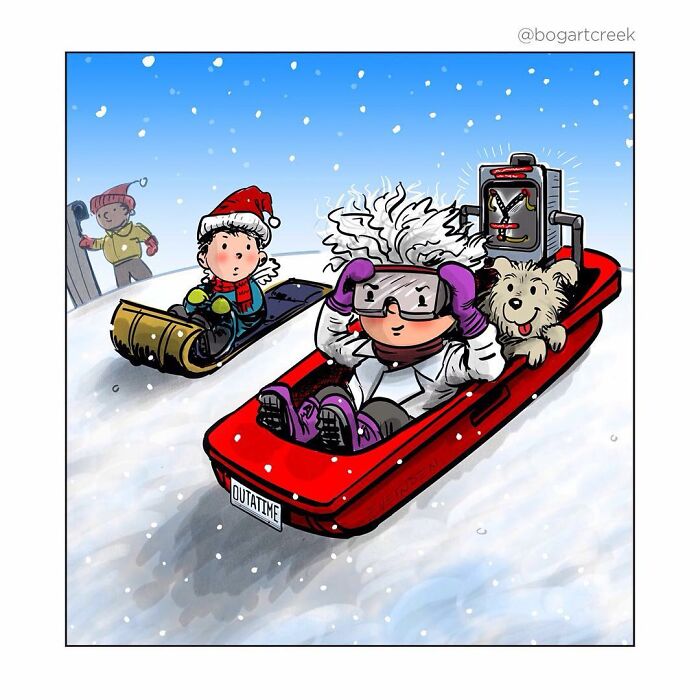 A humorous one-panel comic by Derek Evernden showing kids sledding, one dressed as a scientist with a dog on a futuristic sled.