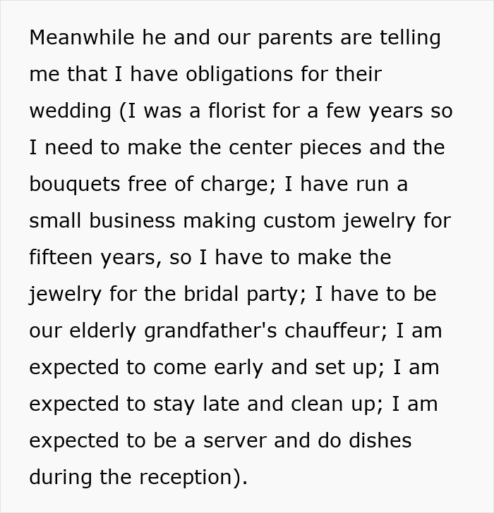 Text outlining a family expecting a woman to handle wedding chores, including floristry and jewelry making, free of charge.