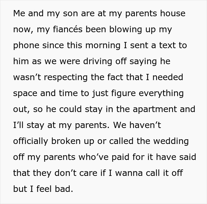 Text about a pregnant woman feeling upset with fiancé over lack of space during relationship issues.