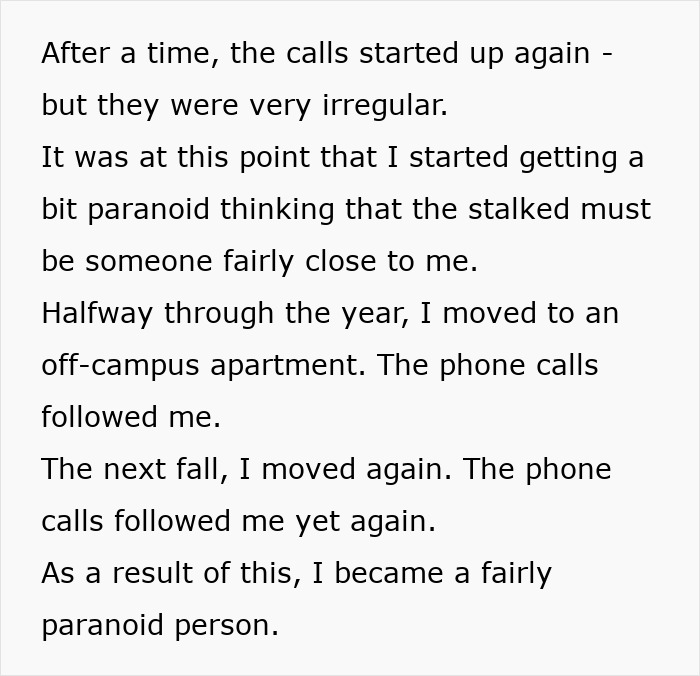 Text recounting a woman's peaceful life interrupted by a stalker from her youth, leading to paranoia and moving homes.