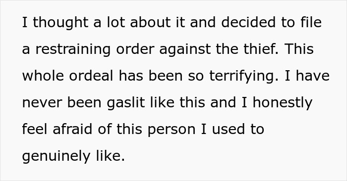 Text about filing a restraining order against a friend for theft and emotional distress in an apartment setting.