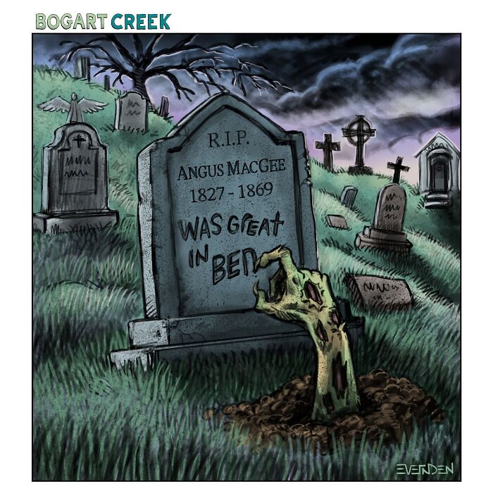 Gravestone with humorous epitaph; zombie hand emerging, from one-panel comics by Derek Evernden.