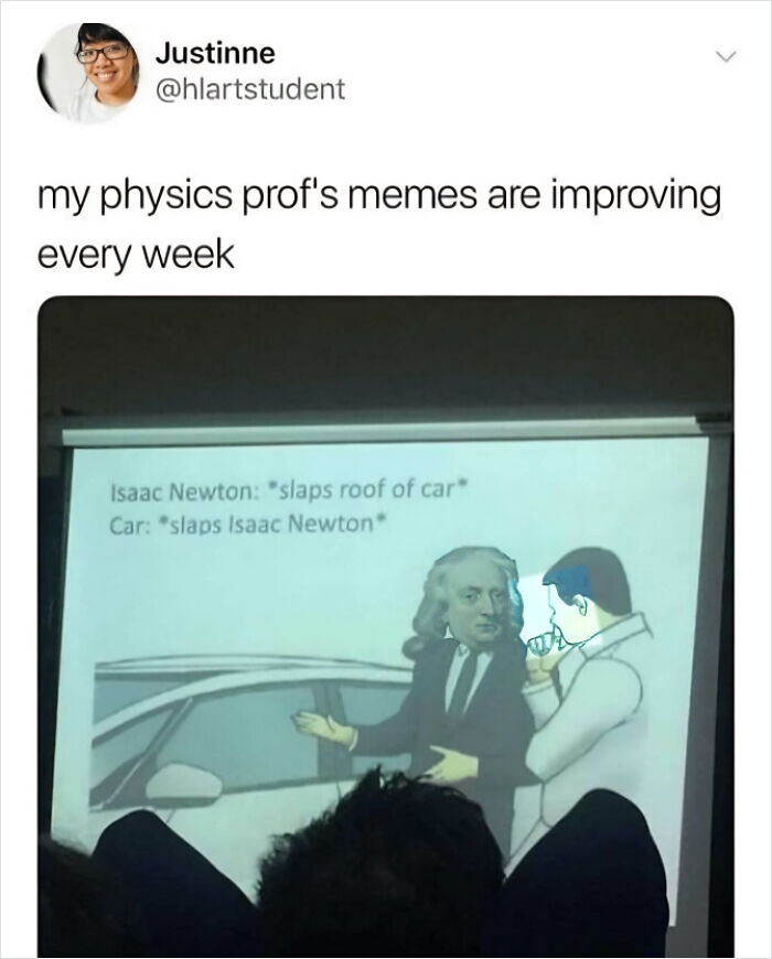 Science meme featuring Isaac Newton in a physics presentation slide, humorously interacting with a car.